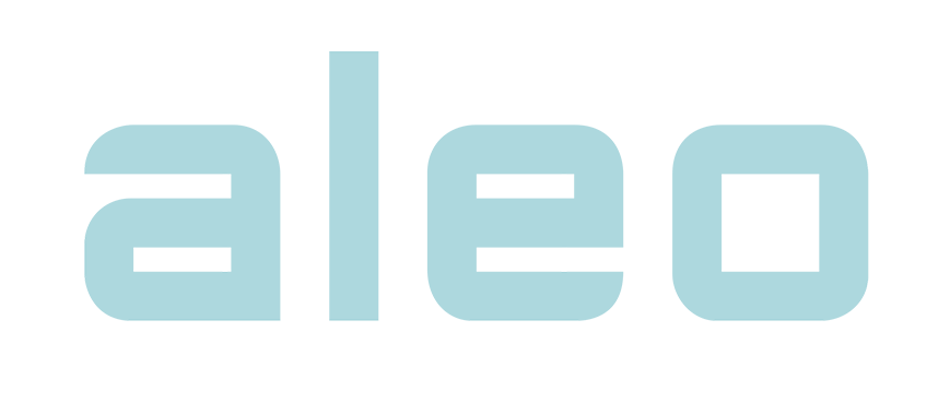 Logo des Herstellers ALEO in hellblauer Schrift.