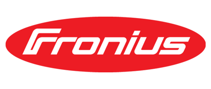 Fronius Logo in weißer Schrift auf roter ovaler Fläche.